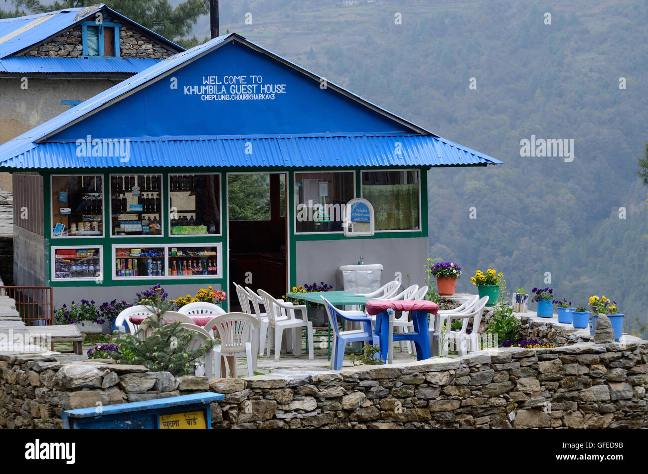 PHERICHE, NEPAL - APRIL 25, 2013 : Guesthouse-cafe on the way to Everest base camp,Khumbu region on April 25, 2013 in Pheriche,  Stock Photo