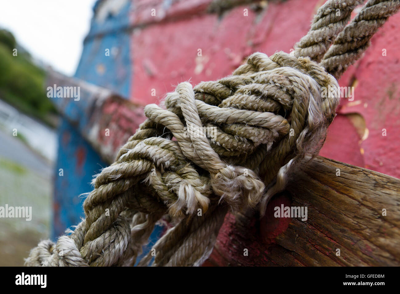 close up of frayed rope and knots against aged and damaged boat surface Stock Photo