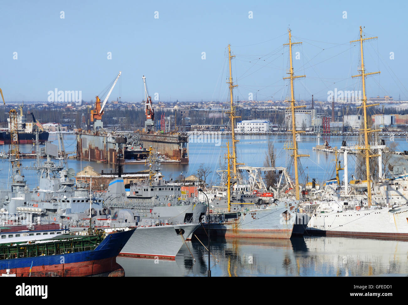 Naval ships moored in military harbor of Odessa - largest Ukrainian sea port on Black Sea,Europe Stock Photo