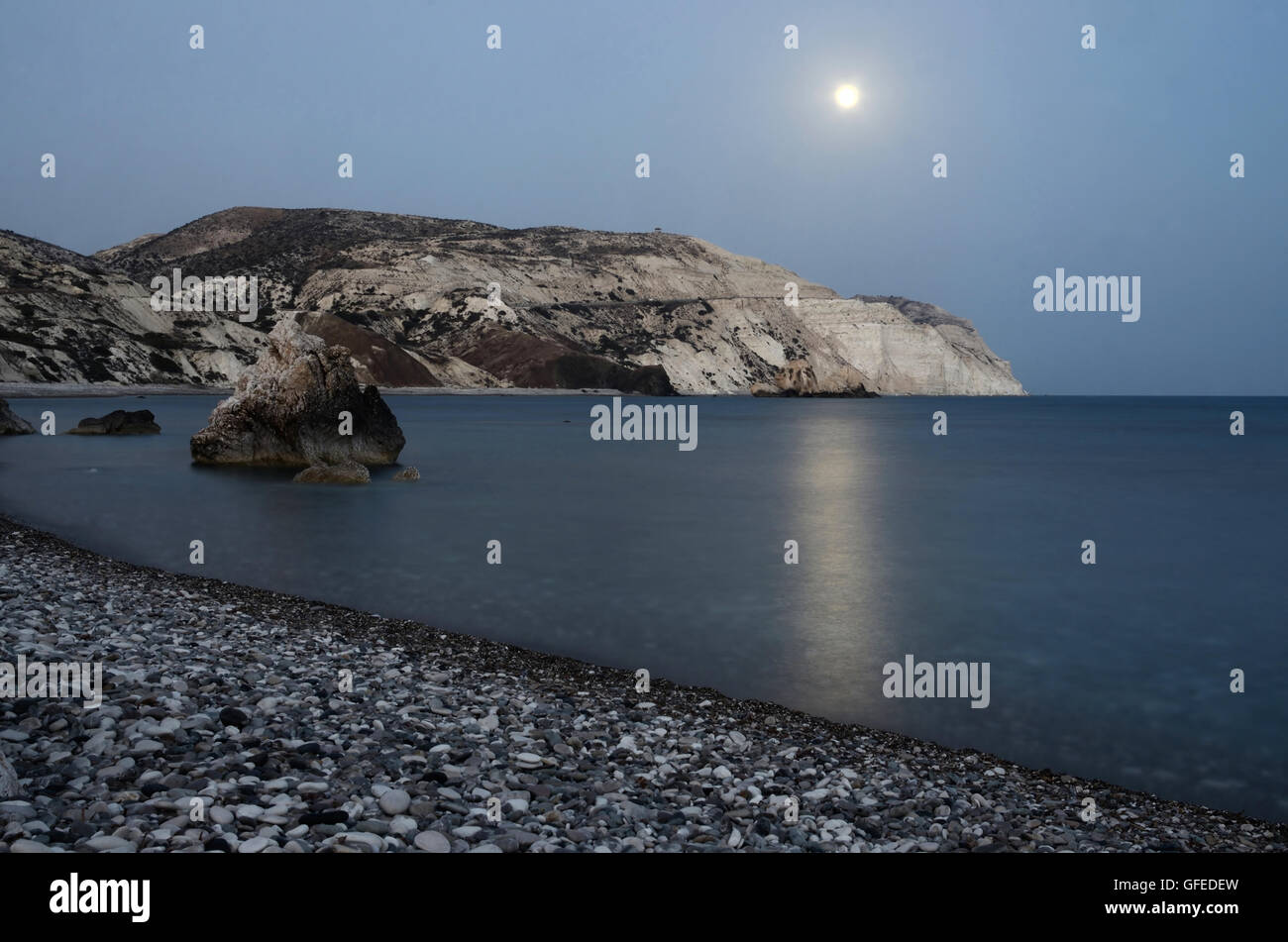 Night seascape of Aphrodite's Rocks beach with moon shine, bithplace of greek  goddess of love, Paphos, Western Cyprus, also cal Stock Photo