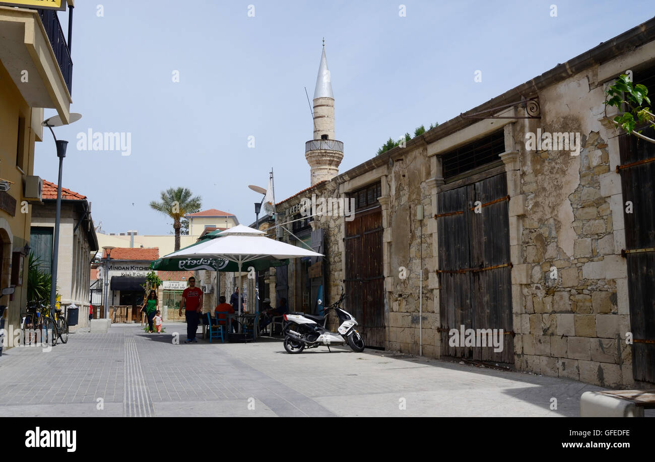 LIMASSOL (LEMESOS), CYPRUS - APRIL 23, 2016: Street near mosque in medieval Turkish quarter of old town.It's largest city of Cyp Stock Photo