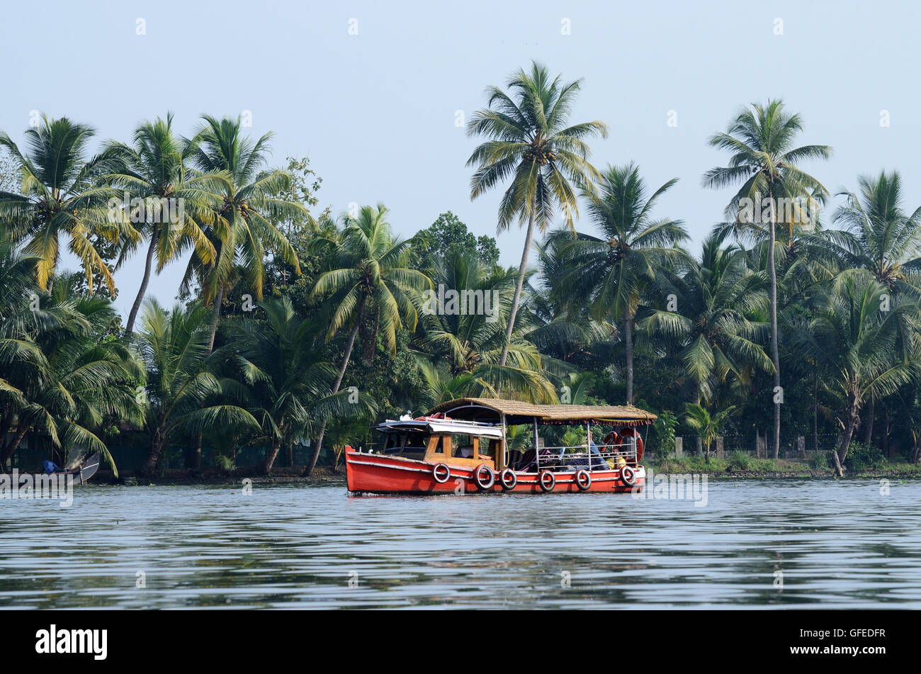 Tourist boat at Kerala backwaters,Alleppey,India.It's a chain of lagoons and lakes near Arabian Sea  (Malabar Coast) Stock Photo