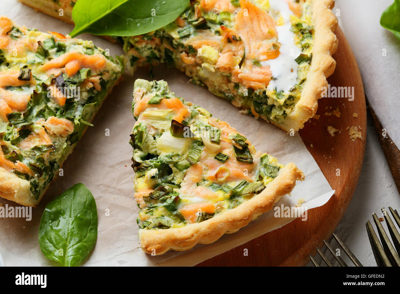 rustic salmon quiche with spinach, food Stock Photo Alamy