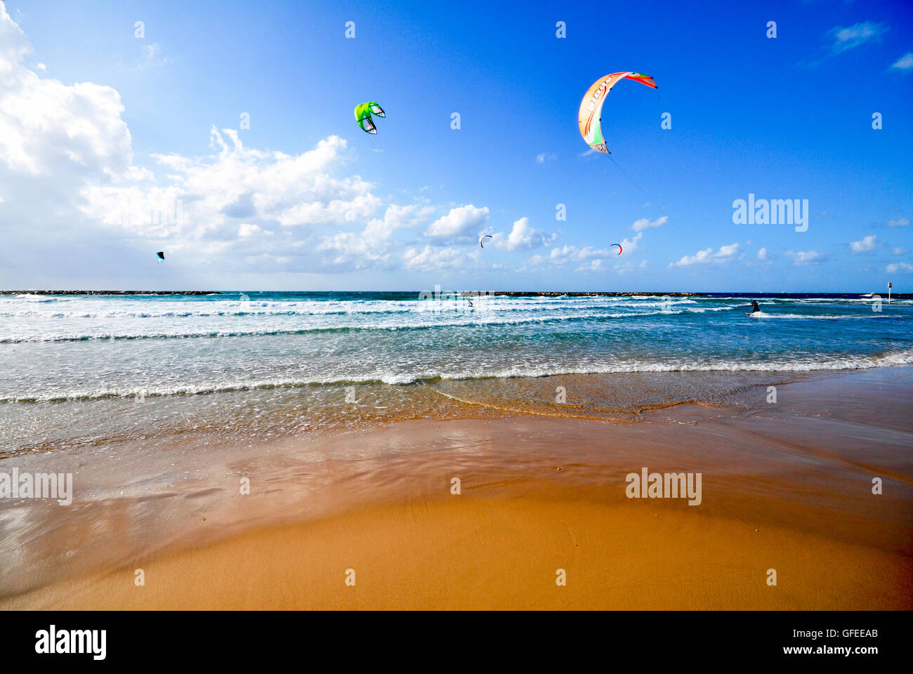 Kite surfing in the mediterranean sea Stock Photo