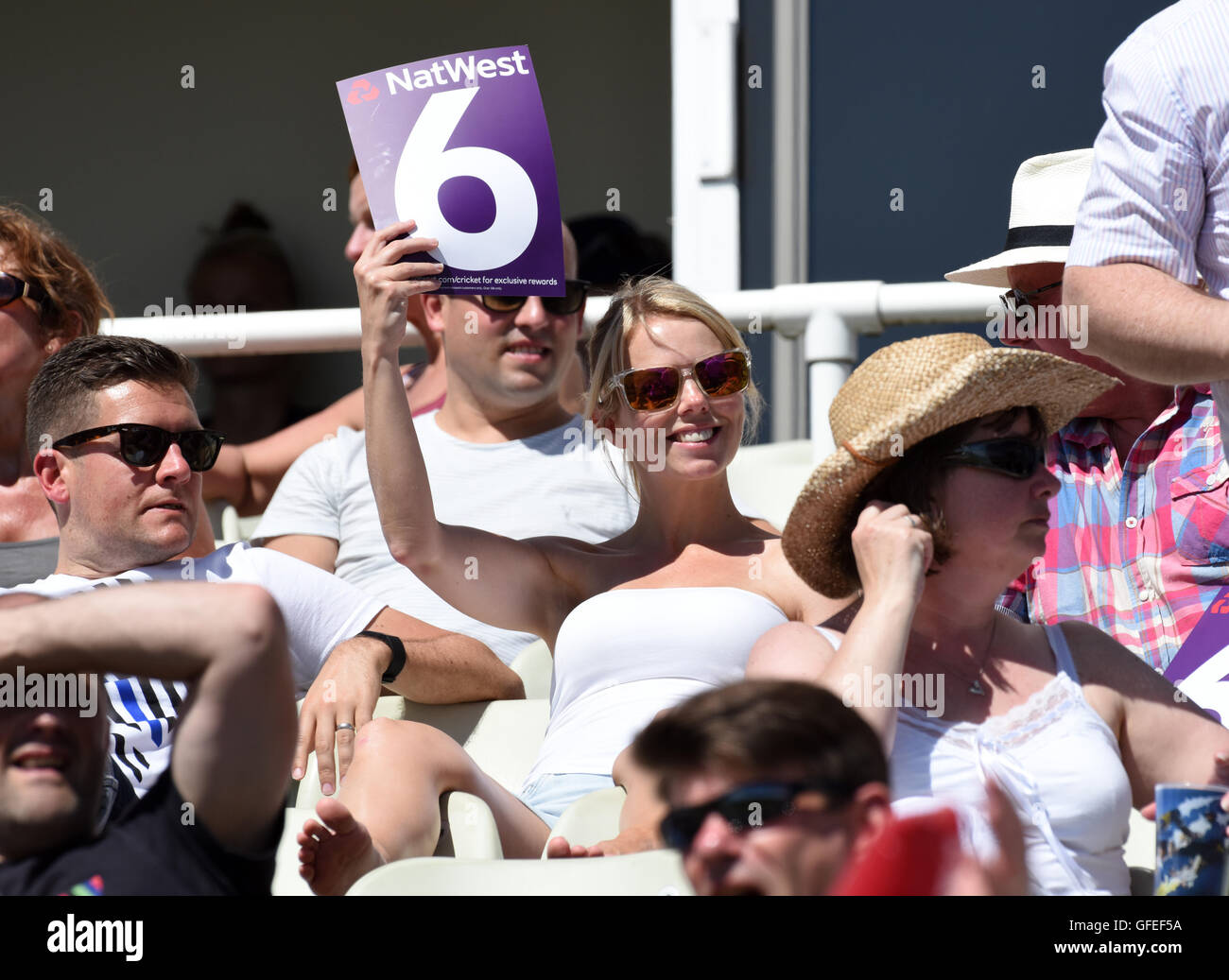Cricket fans spectators celebrating a six at Edbaston home of Warwickshire County Cricket Club Stock Photo