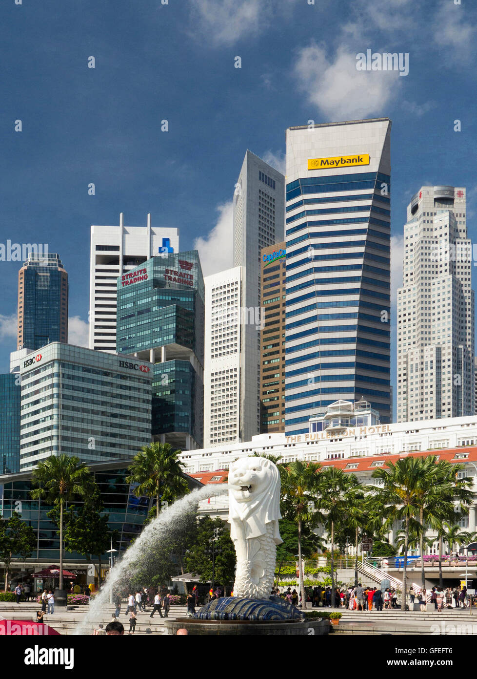 Merlion statue and water spout, Singapore waterfront, Singapore Stock Photo