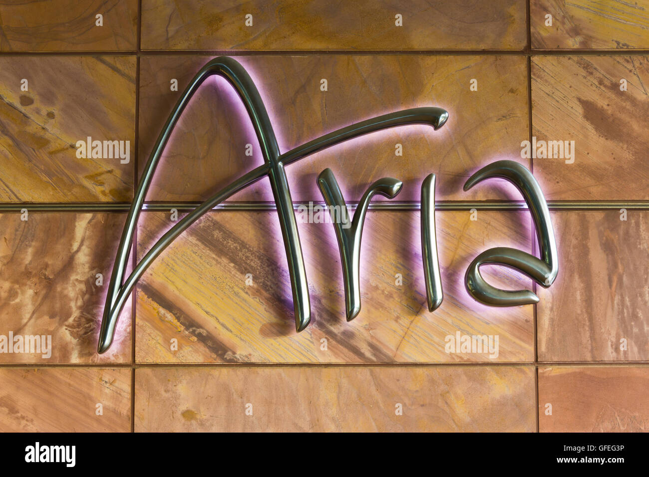 Las Vegas - Circa July 2016: Logo and Signage of the Aria Resort and Casino. The Aria is Owned by MGM Resorts International IV Stock Photo