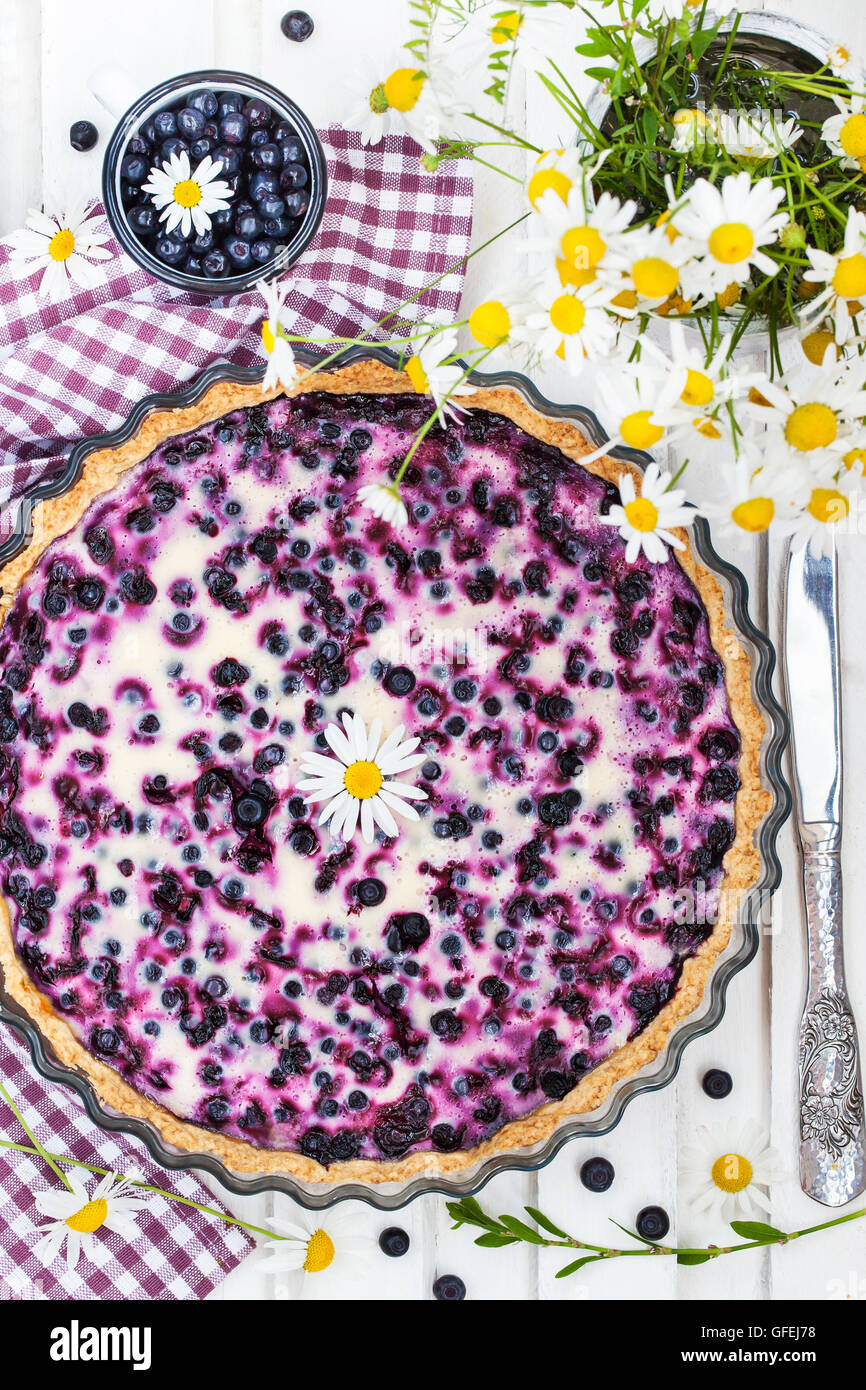 Fresh homemade creamy blueberry tart (open pie), top view Stock Photo