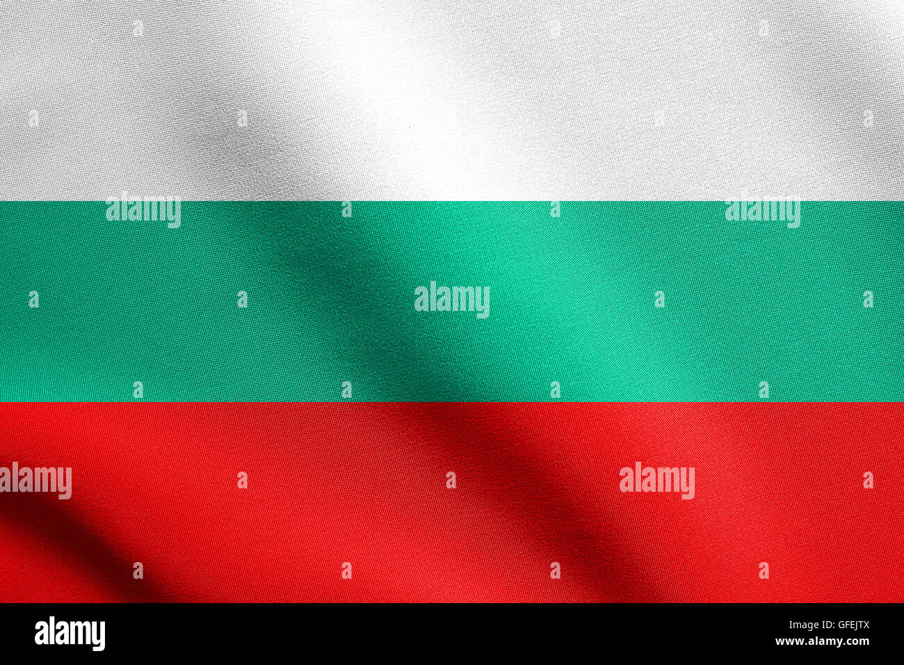 Flag of Bulgaria waving in the wind with detailed fabric texture. Bulgarian national flag. Stock Photo