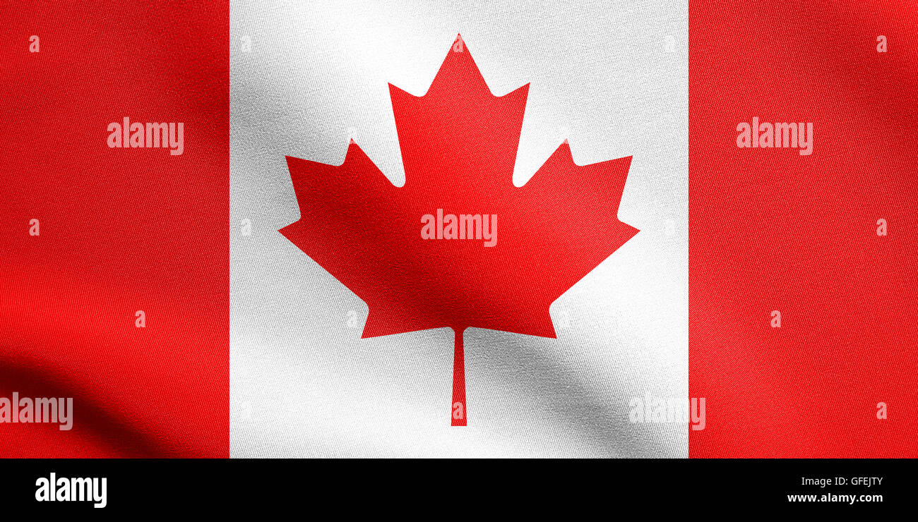 Flag of Canada waving in the wind with detailed fabric texture. Canadian national flag. Stock Photo