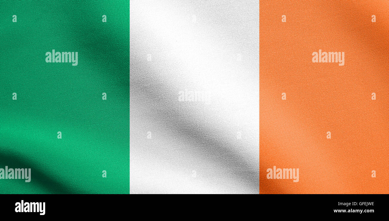 Flag of Ireland waving in the wind with detailed fabric texture. Irish national flag. Stock Photo