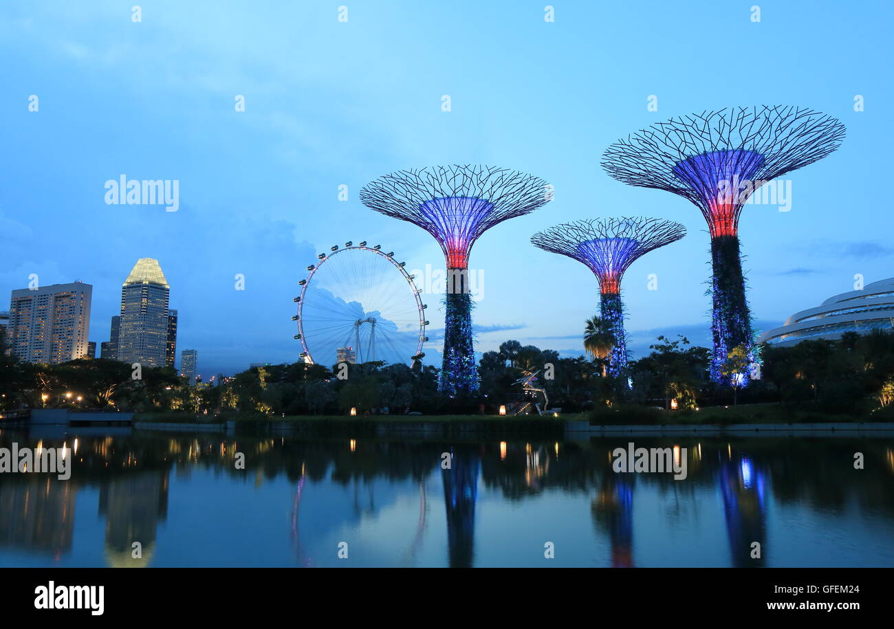 Gardens by the bay Supertree Grove and Marina Bay Sands in Singapore. Stock Photo