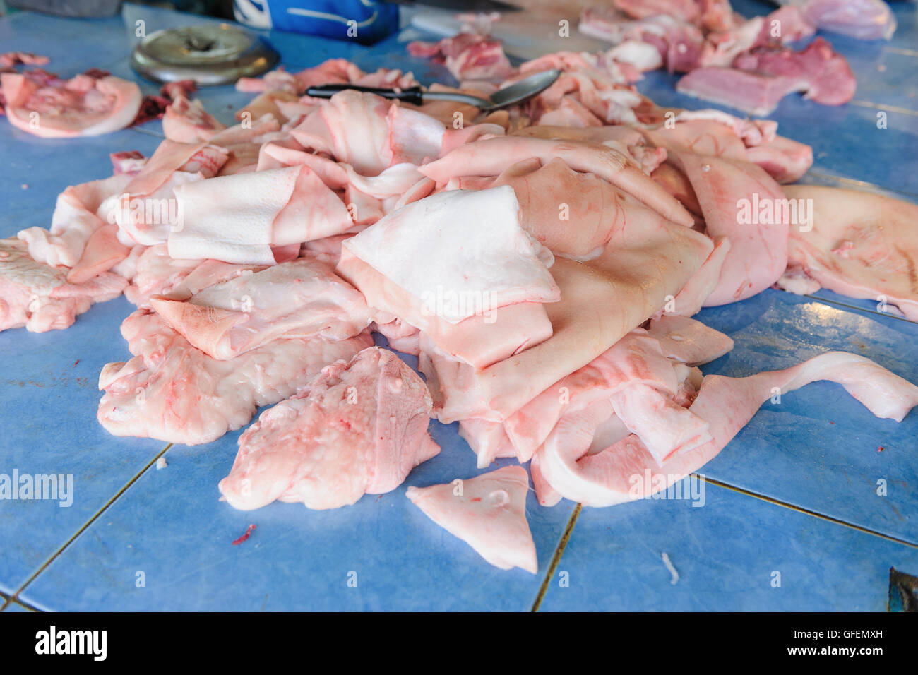 raw pork skin at pork butcher Stock Photo