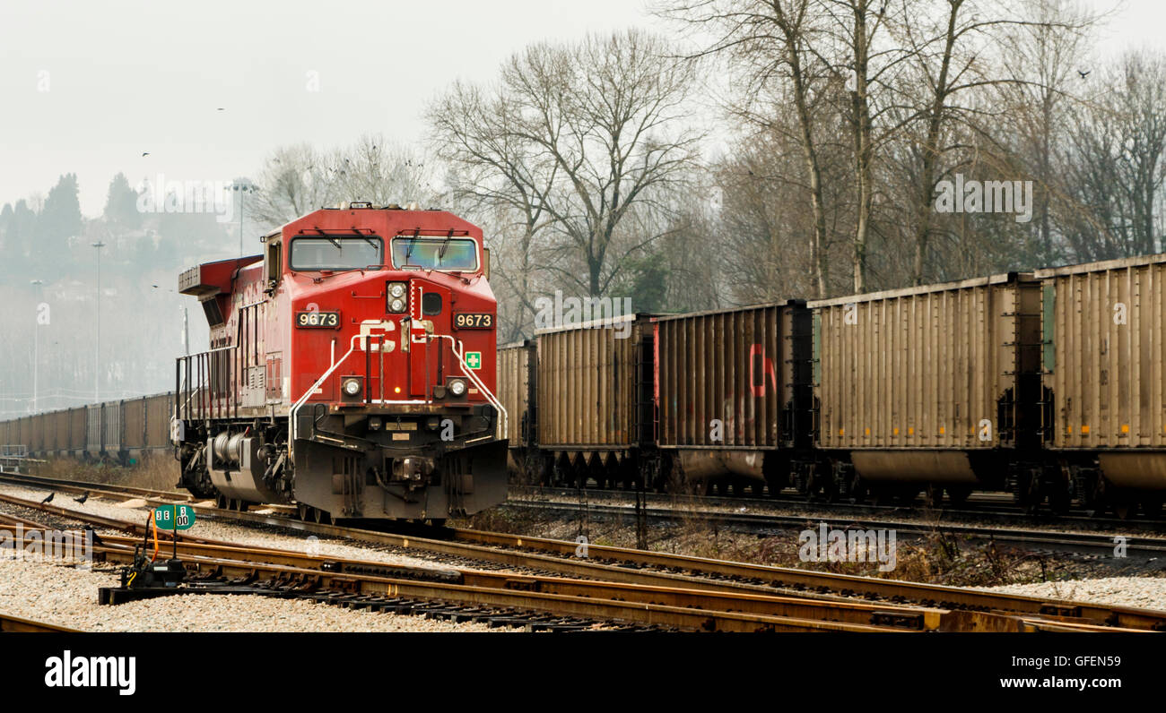 CP Rail locotmotive in a freight yard. Taken in North Vancouver, BC, Canada Stock Photo