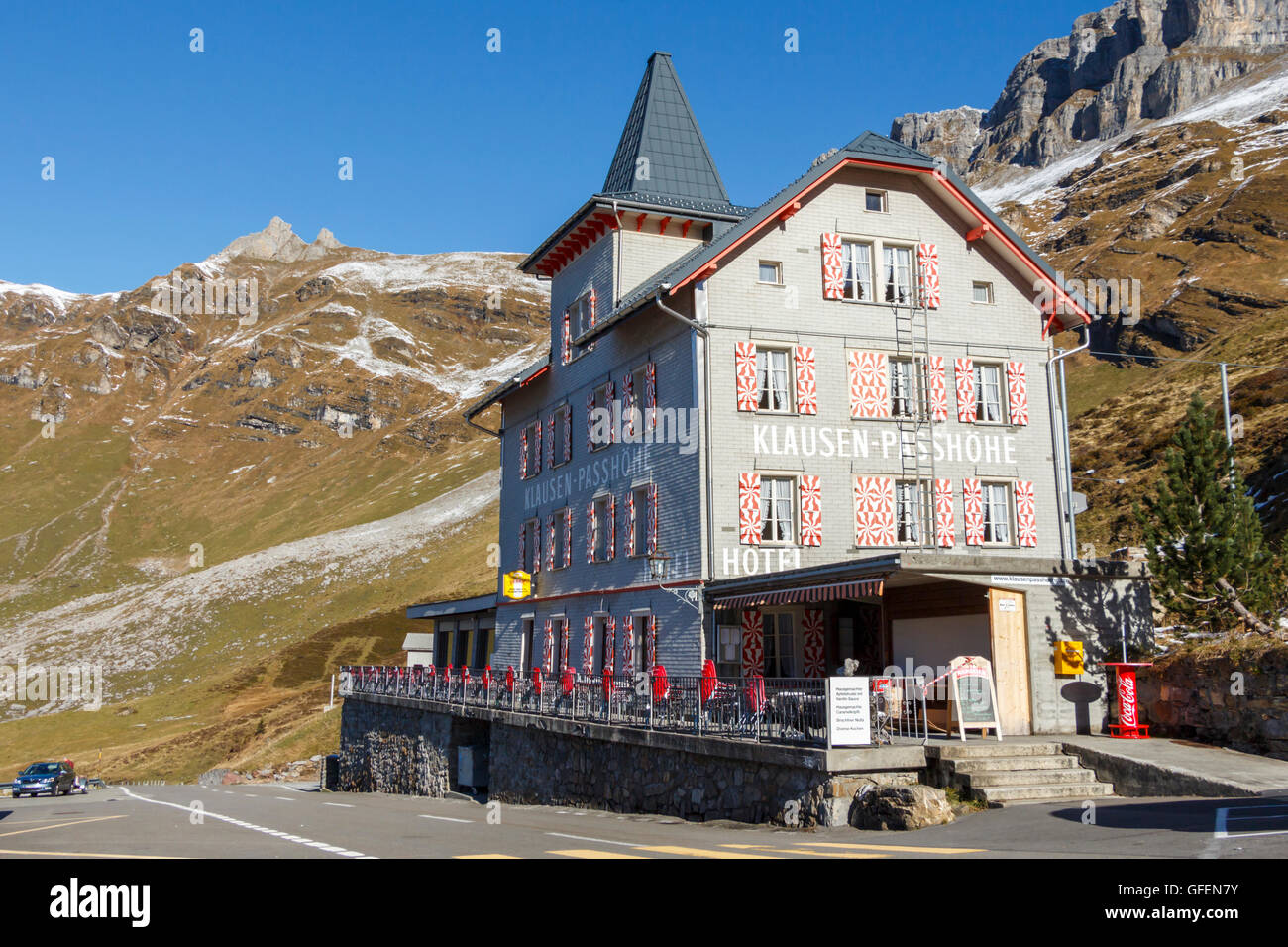 An authentic, remote hotel on the Klausenpass in Switzerland. Stock Photo