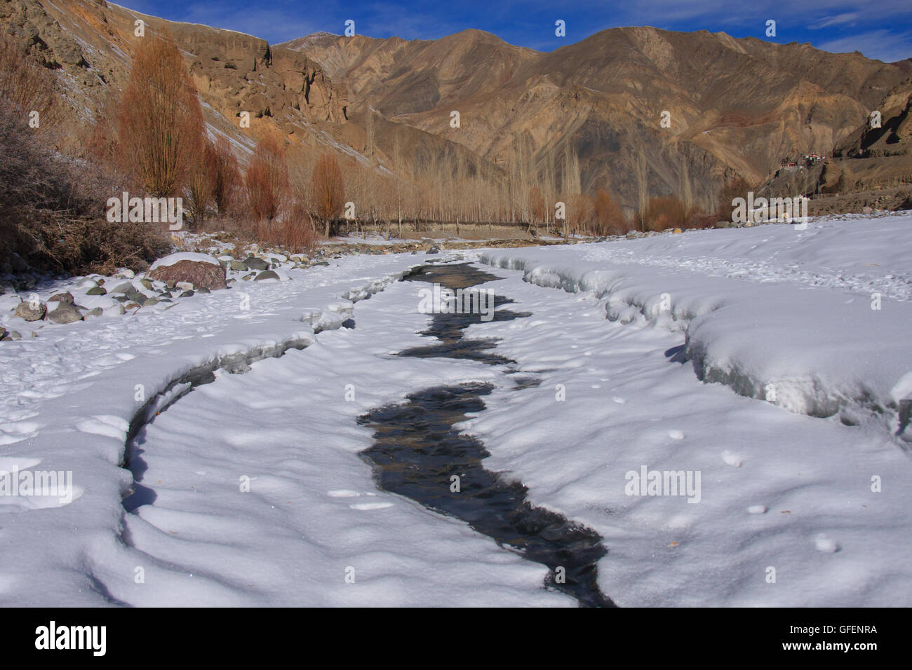 A Frozen Stream in Ladakh (India) - photographed in peak winter Stock Photo