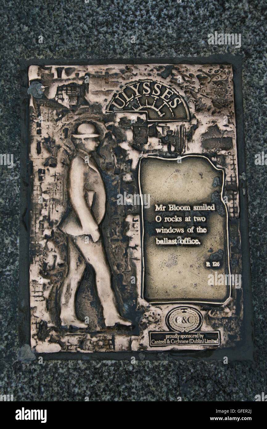 Pavement plaque with quotation from James Joyce's novel Ulysses. Stock Photo