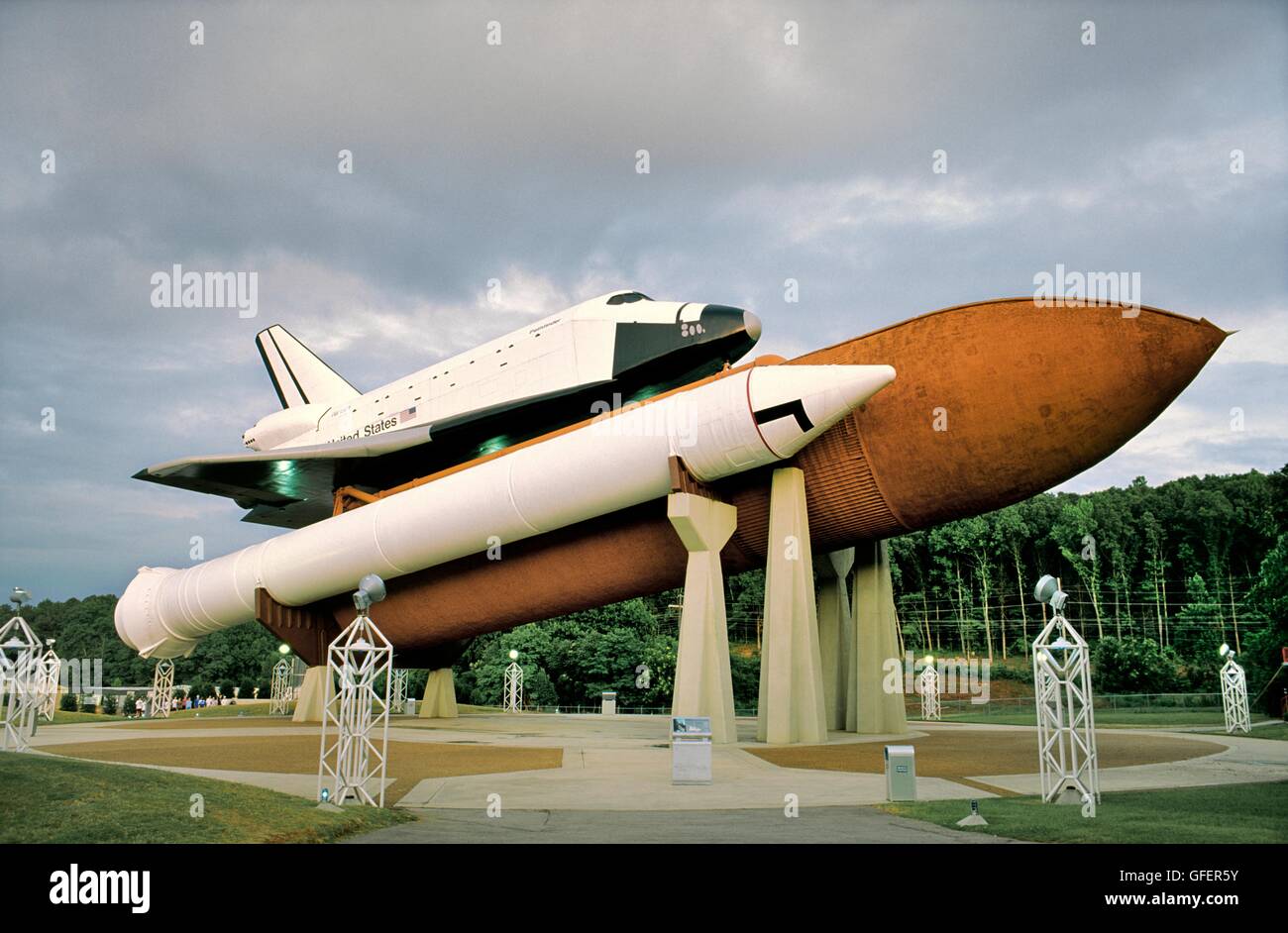 The space shuttle Pathfinder attached to fuel launch pods on display at the US Space and Rocket Center, Huntsville, Alabama, USA Stock Photo