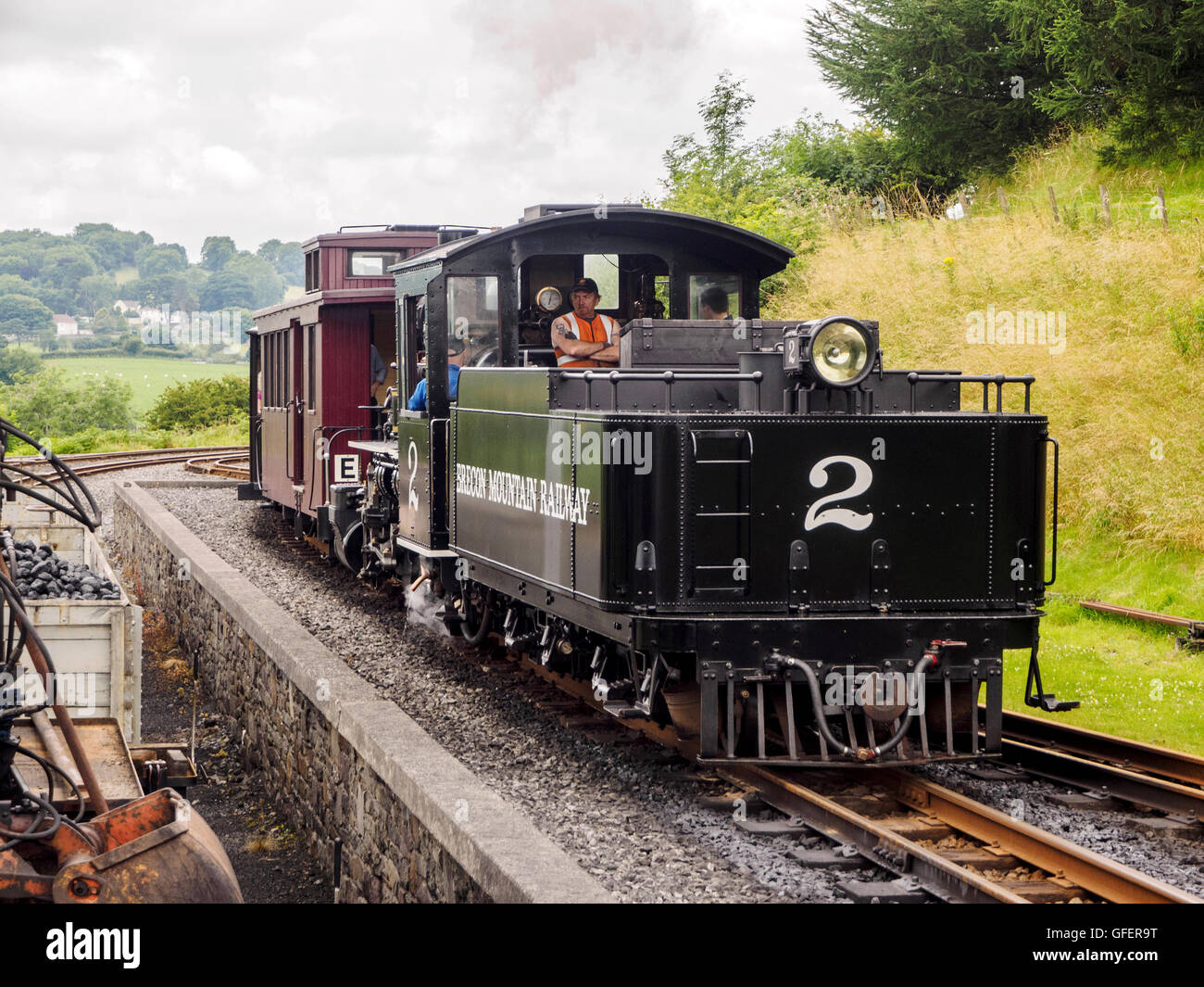 Steam train -running in to Pant Station on the Brecon Mountain Railway near Merthyr Tydfil in South Wales. Stock Photo