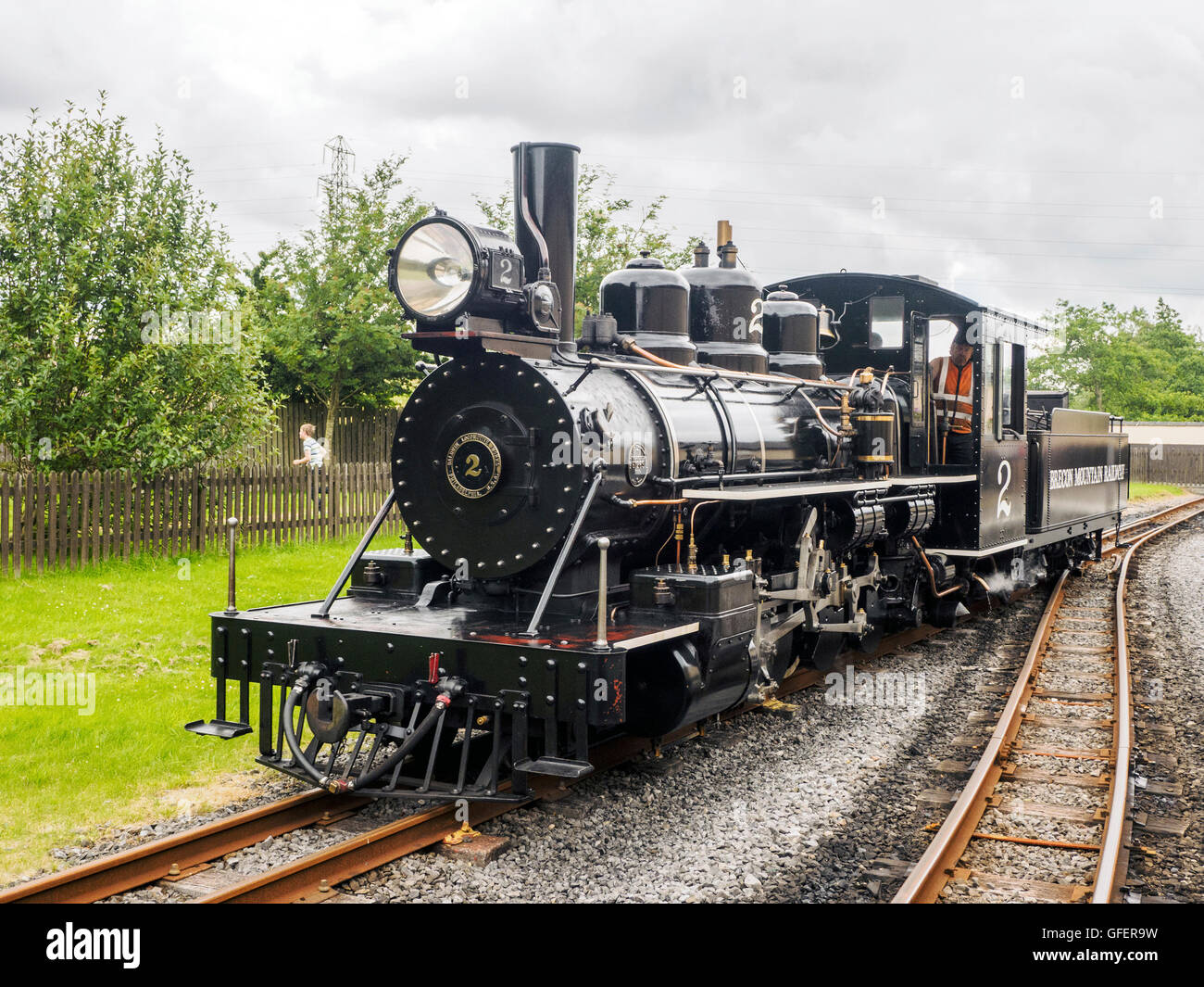 Steam loco running round it's train at Pant Station on the Brecon Mountain Railway near Merthyr Tydfil in South Wales. Stock Photo