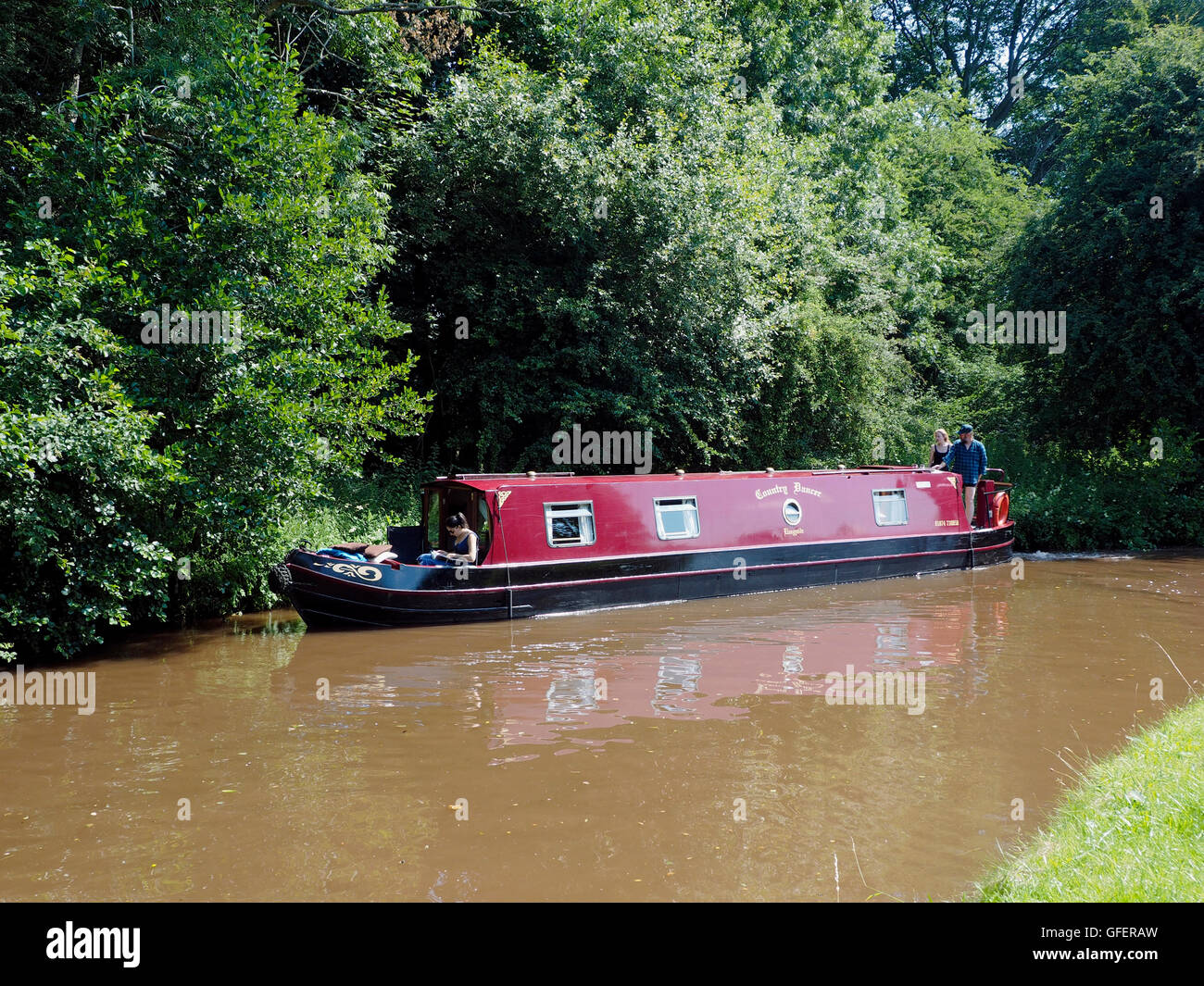 Holiday hire narrow boat on the Monmouth and Brecon Canal near Brynich Lock, Wales Stock Photo
