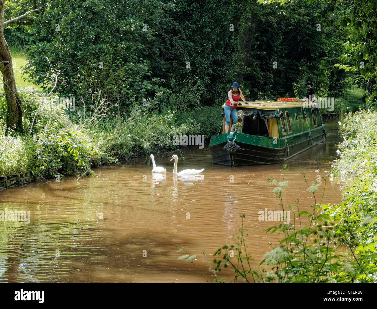 Holiday hire narrow boat on the Monmouth and Brecon Canal near Pencelli, Wales Stock Photo