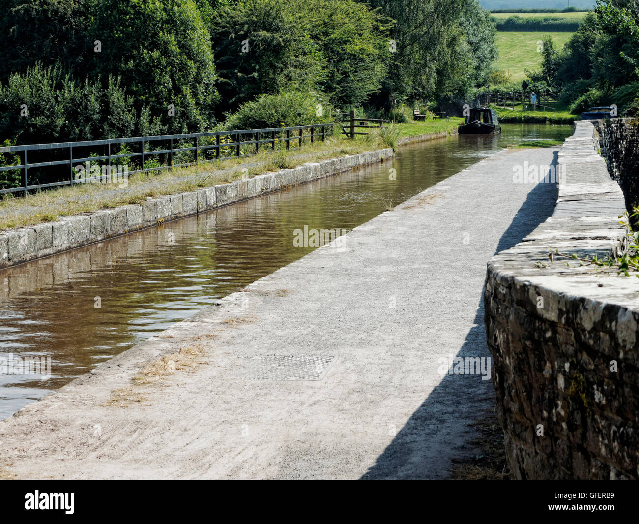 Brynich Aqueduct on the Monmouth and Brecon Canal looking south towards the boat moorings. Stock Photo