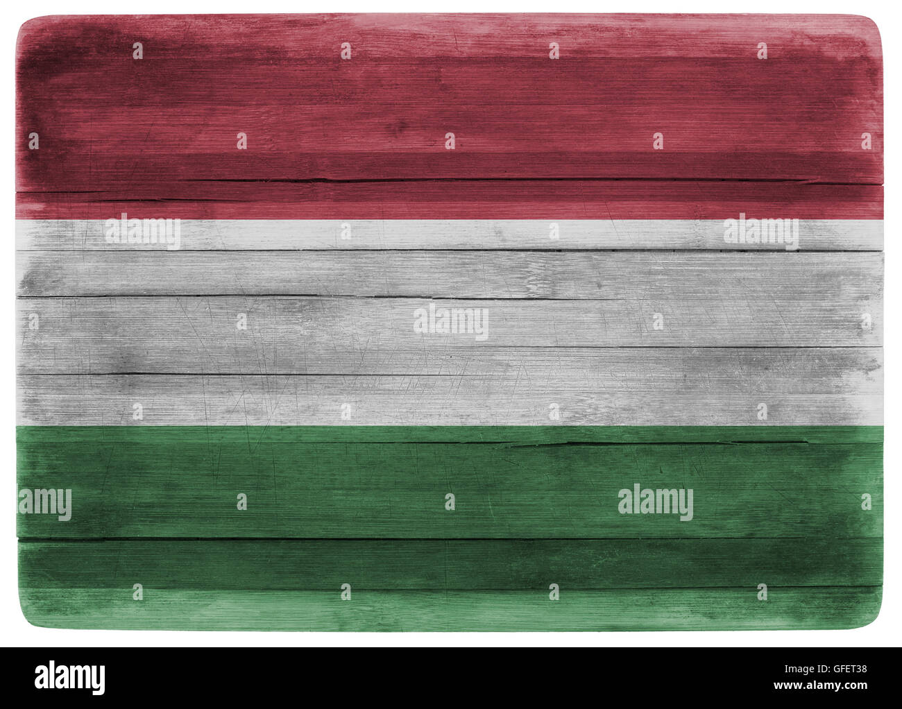 horizontal front view 3d illustration of an Hungary flag on wooden textured cooking board Stock Photo