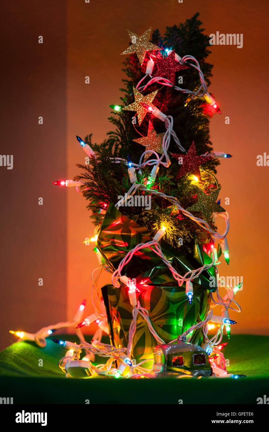 Christmas tree with Christmas lights and ornaments Stock Photo