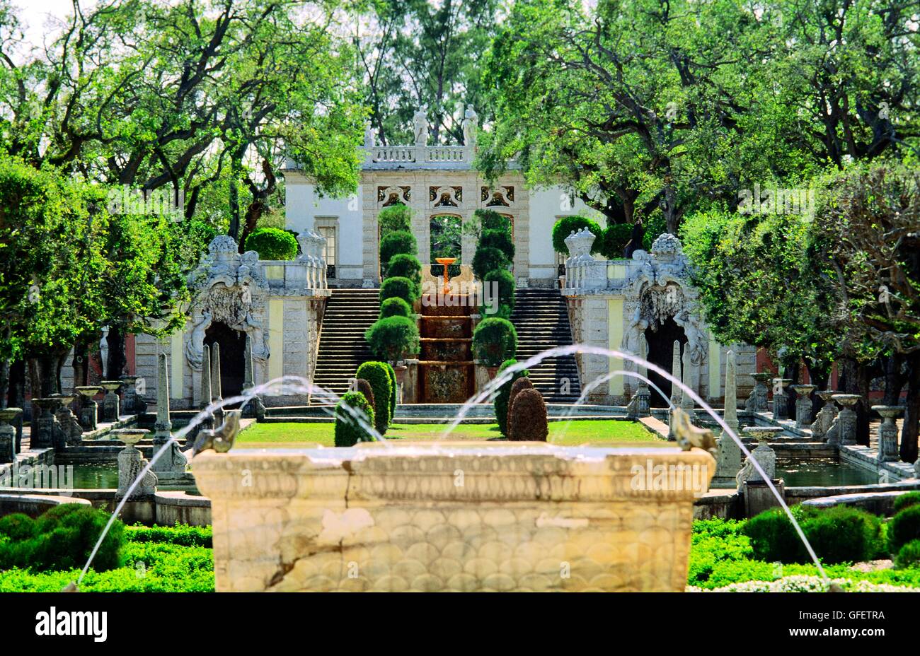 Fountain and Italianate garden of the Villa Vizcaya mansion house tourist attraction on the Florida coast south of Miami, USA Stock Photo