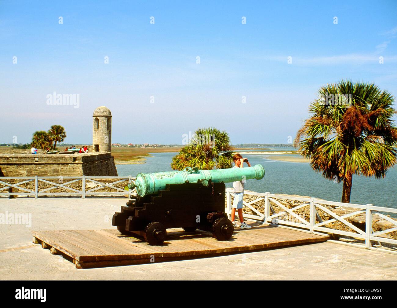 Cannon and wall turret in old Spanish colonial fortress of Castillo de San Marcos at St. Augustine on Florida's east coast, USA Stock Photo