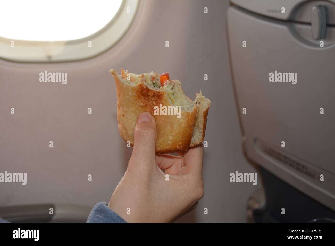 Sandwich. Girl's hand holding and showing half of a homemade sandwich in the plane. Stock Photo