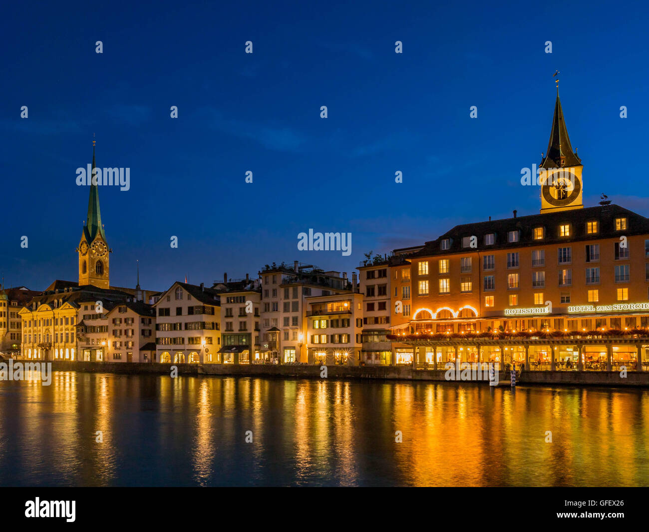 Frauenmunster Abbey and St. Peters Church in Zurich at night,  Switzerland, Europe Stock Photo