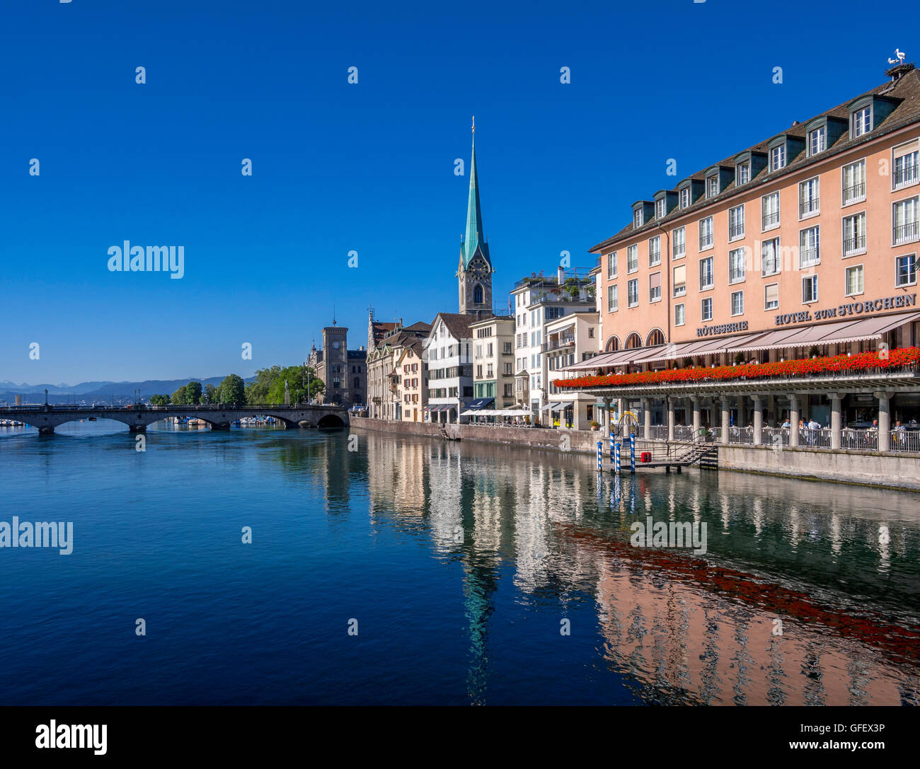 Frauenmunster Abbey and Hotel zum Storchen in Zurich,  Switzerland, Europe Stock Photo