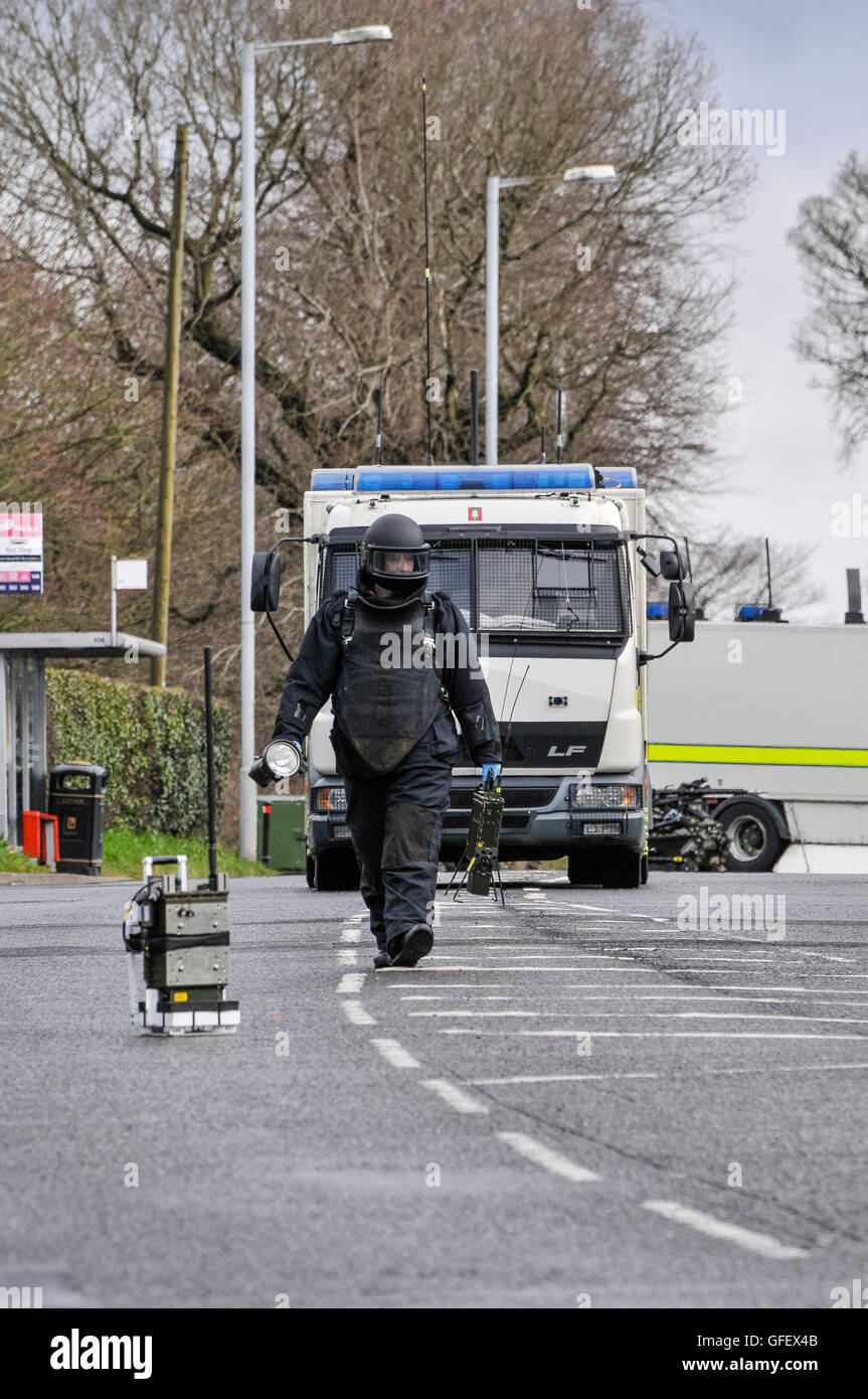 17/03/2013, Newtownabbey, Northern Ireland.  Army ATO officer advances towards a device found in the grounds of a Roman Catholic chapel shortly before 9am. Stock Photo