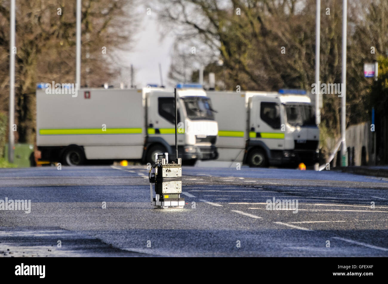 17/03/2013, Newtownabbey, Northern Ireland. An Electronic Counter Measure (ECM) unit is placed by Army ATO, close to the scene where a device was found in the grounds of a Roman Catholic chapel shortly before 9am. Stock Photo
