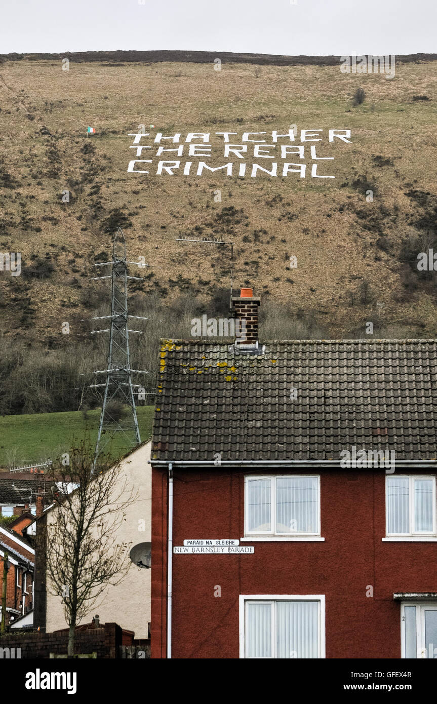 17/04/2013, Belfast, Northern Ireland.  A giant message reading 'Thatcher The Real Criminal' has been left on Black Mountain above Belfast by Irish Republicans.  The sign is visible for miles around the city. Stock Photo