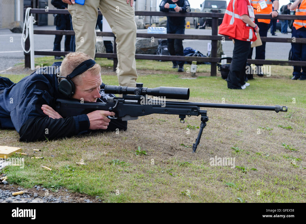 Ballykinlar, Northern Ireland. 2nd August 2013 - A Finnish Police officer fires a Remington 700P bolt-action sniper rifle at the SWAT events at the World Police and Fire Games Stock Photo