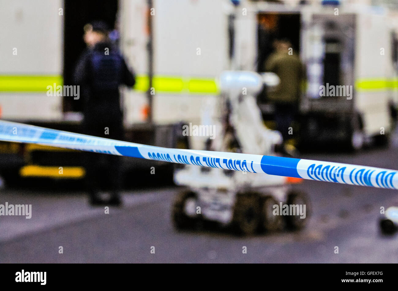 Carrickfergus, Northern Ireland. 19 Jan 2014 - Police tape seals of the area at a security alert where a suspect device has been found. Stock Photo