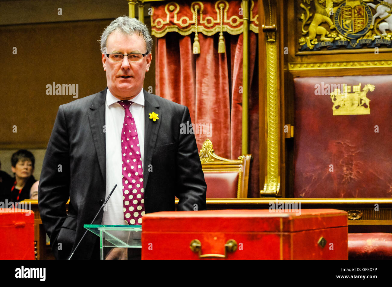 Belfast, Northern Ireland. 10 Mar 2014 - Mike Nesbit (UUP leader) addresses the audience at the Victims' Day ceremony, Senate Chamber, Parliament Buildings, Stormont. Stock Photo