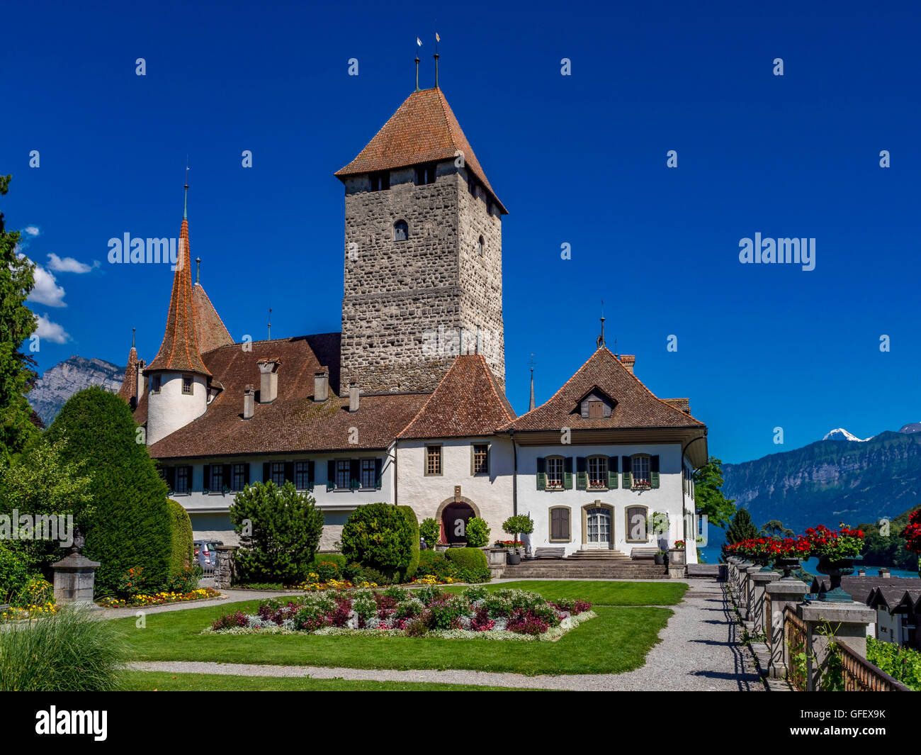 Spiez Castle, Lake Thun, Bernese Oberland, Bern, Switzerland, Europe Stock Photo