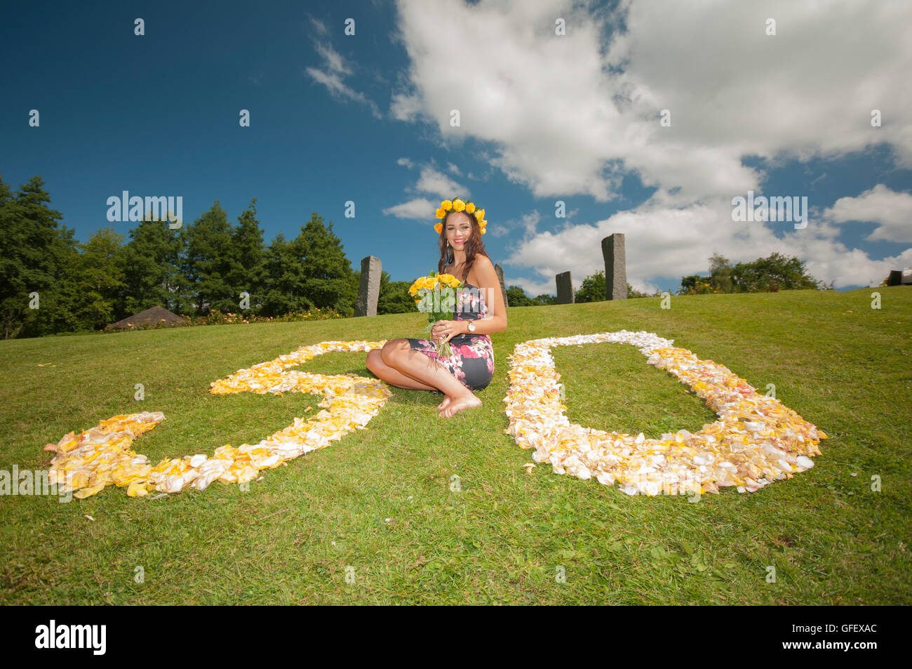 Belfast, Northern Ireland. 9 Jul 2014 - Rebekah Shirley, Miss Northern Ireland 2014, launches Rose Week. This year is the 50th anniversary of the event, held at Dixon Park in Belfast. Stock Photo