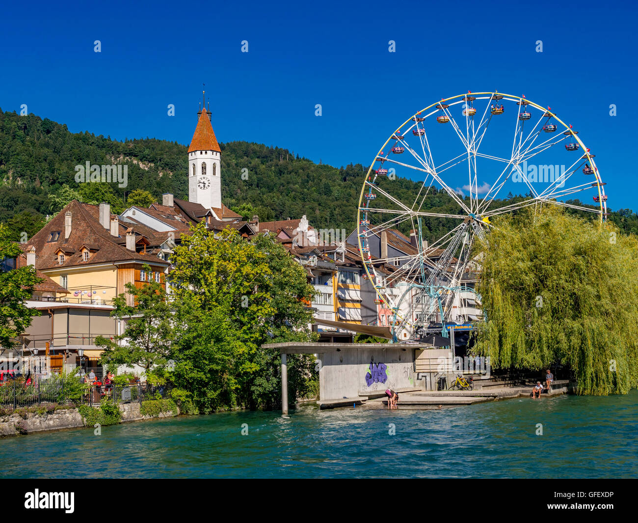 Ferris Wheel in the Old Town of Thun at the  Lake Thun, Bernese Oberland, Canton of Bern, Switzerland, Europe Stock Photo
