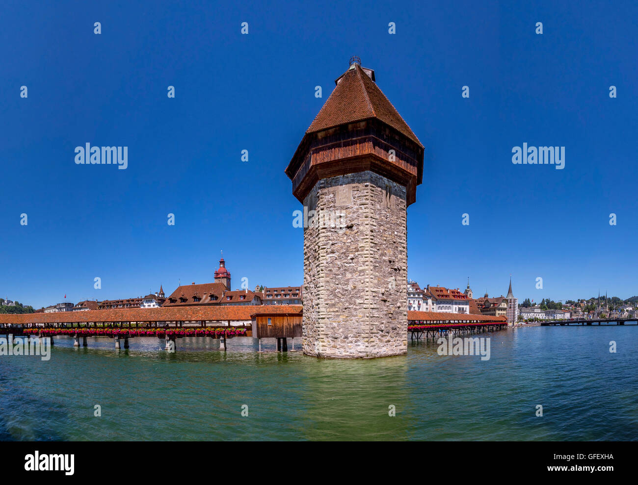Chapel Bridge and Water Tower in Lucerne, Switzerland, Europe Stock Photo