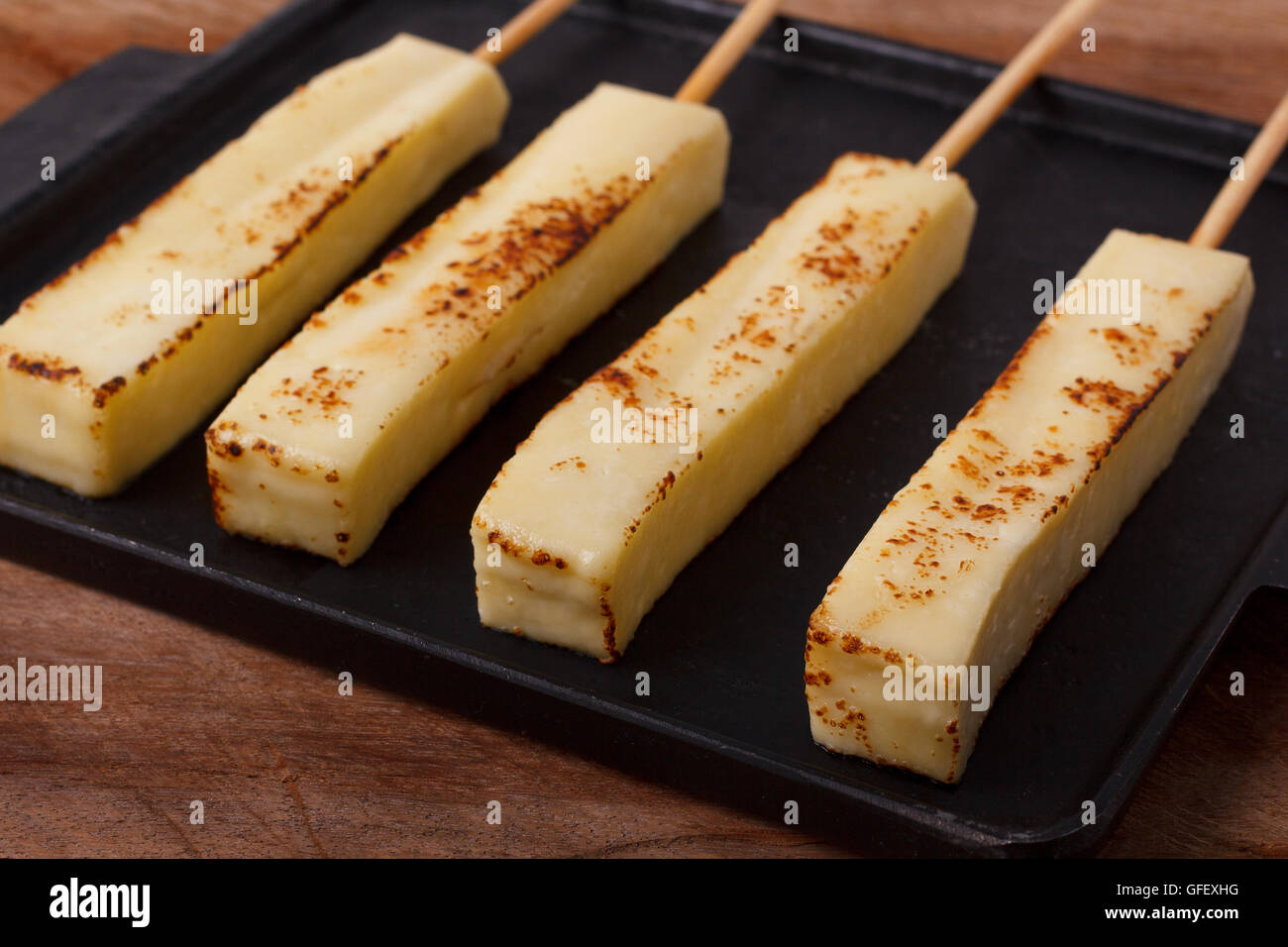 Brazilian traditional cheese queijo coalho on pan on wooden background;  Selective focus Stock Photo - Alamy, image size:1300x956