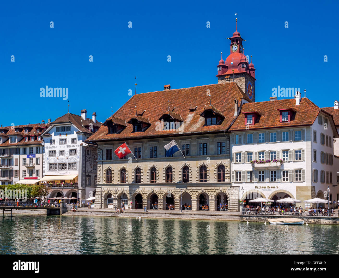 City Hall and restaurants on the river Reuss in Lucerne, Switzerland, Europe Stock Photo