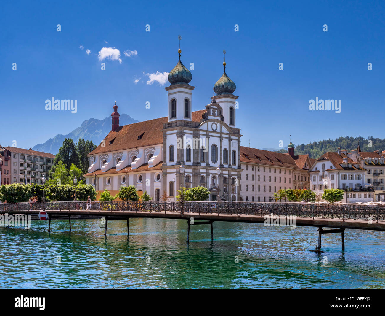 Old Town and Jesuit Church on the River Reuss in Lucerne, Switzerland, Europe Stock Photo