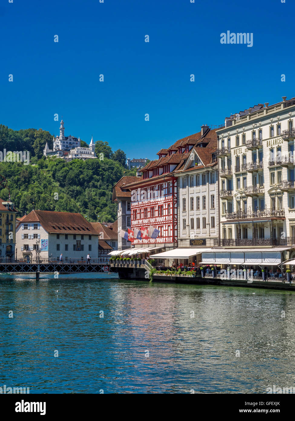 Old Town, Restaurants on the river Reuss in Lucerne, Switzerland, Europe Stock Photo