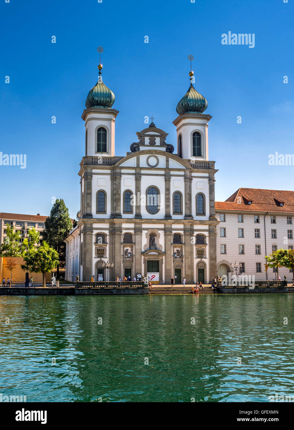 Old Town and Jesuit Church on the River Reuss in Lucerne, Switzerland, Europe Stock Photo