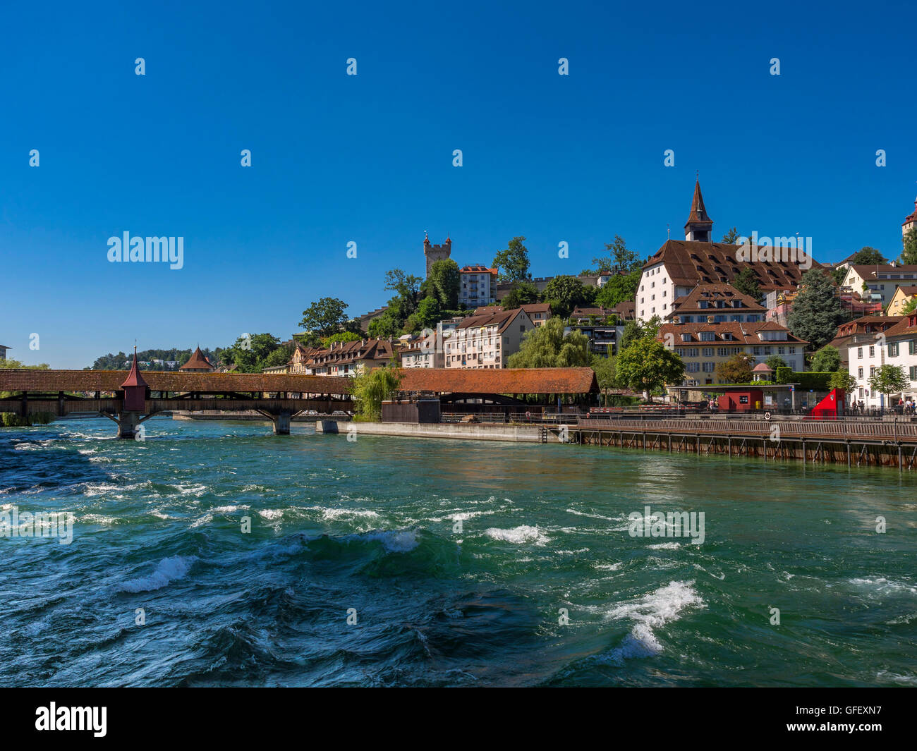 Spreuerbruecke bridge across the Reuss river, leading to the historic disrict of Lucerne, canton of Lucerne, Switzerland, Europe Stock Photo
